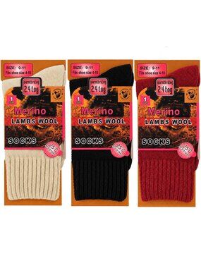 Women's Merino Lamb Wool Socks, Size 9-11 Thick Warm Winter Hiking Crew,  3-Pack